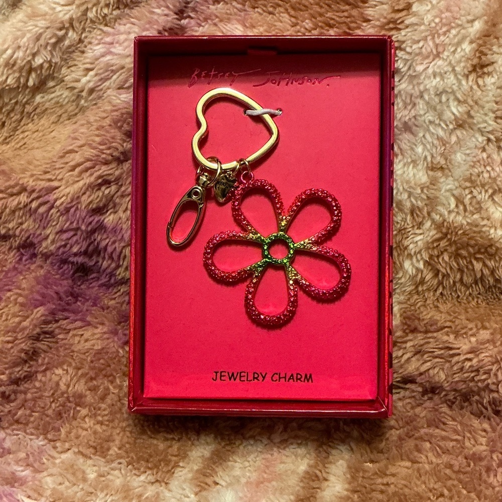 Betsey Johnson Pink and Green Glitter Flower Keychain Charm